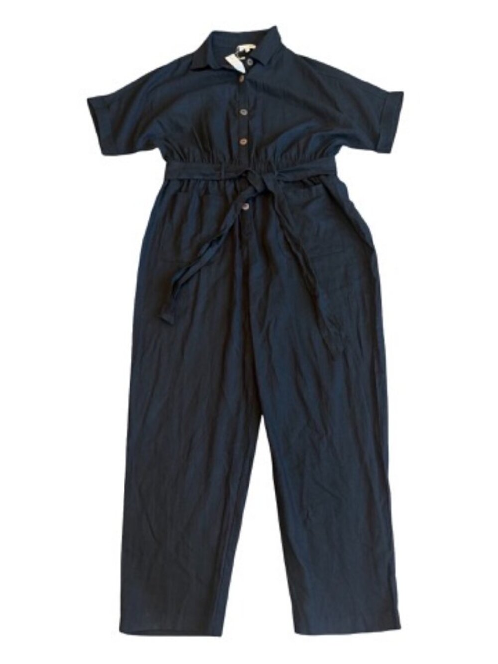 Baltic Born Black Collared Belted Wide Leg Jumpsuit Romper Self Large Womens NWT